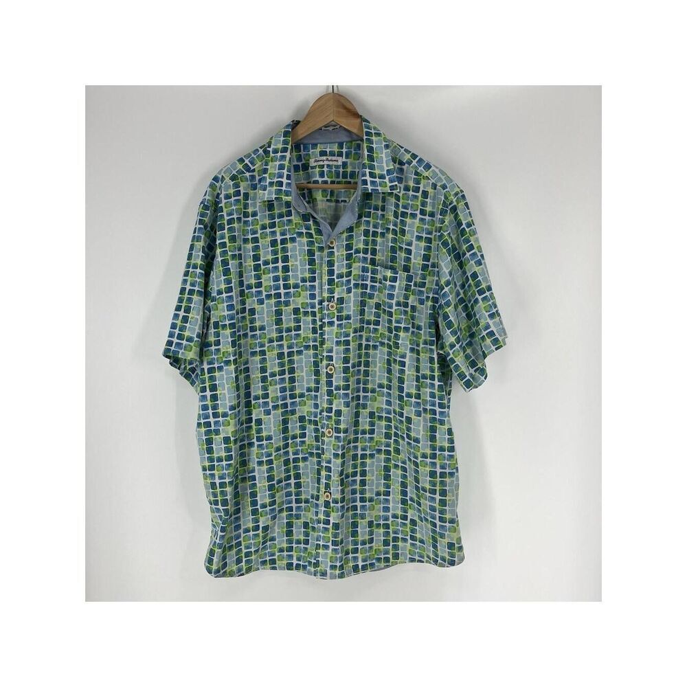 Tommy Bahama Shirt Size XL Mens Green Blue Print Island Zone Camp Coolmax Silk